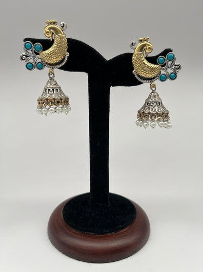 Aarohi Turquoise Blue Peacock Dual Tone Earrings