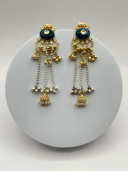 Sarika Golden with Dark Blue Stone Kashmiri Earrings