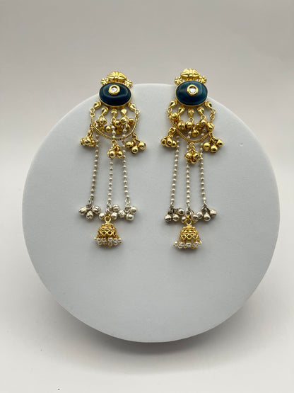 Sarika Golden with Dark Blue Stone Kashmiri Earrings