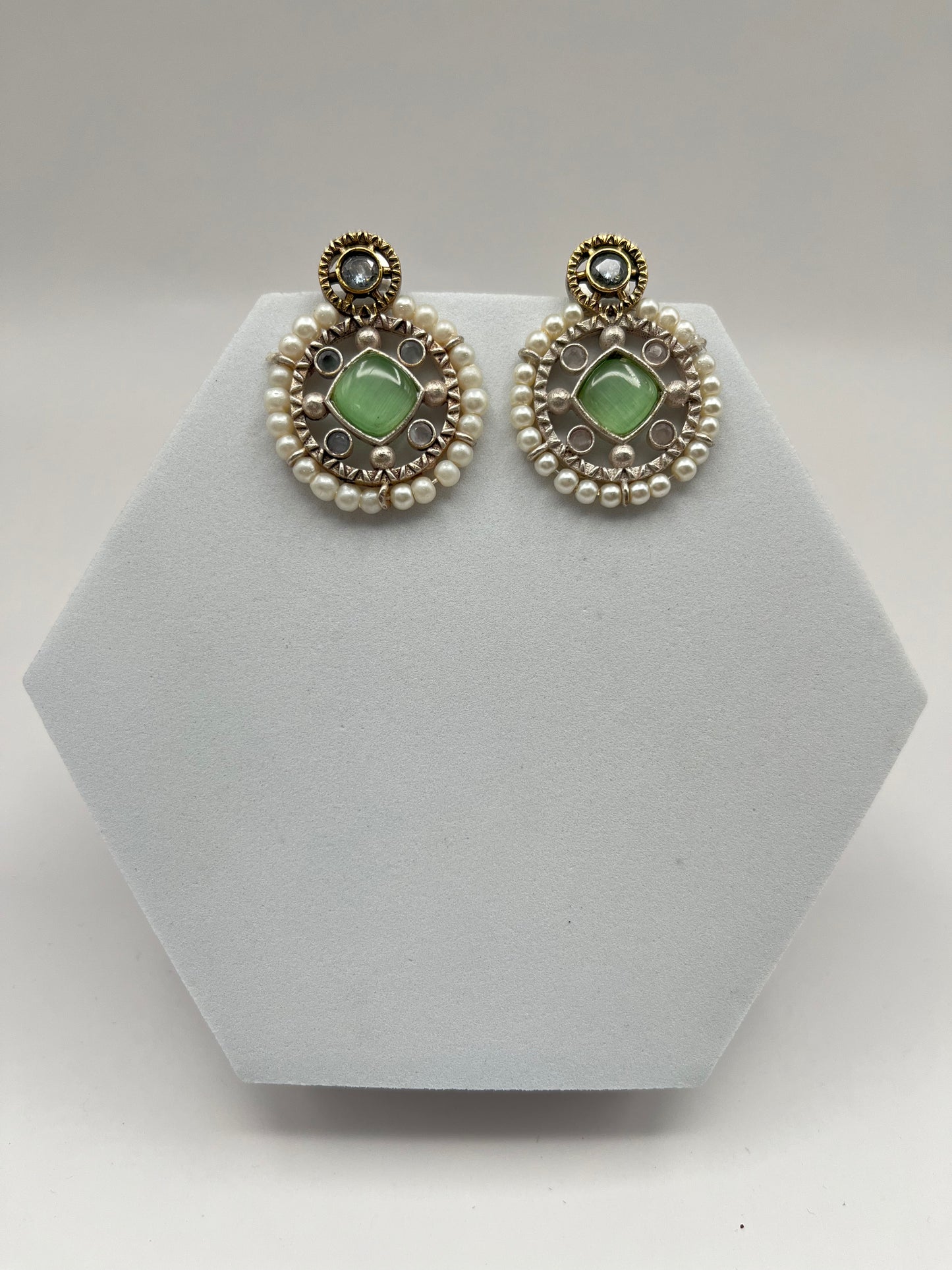 Nirvi Light Green Stone Pearl Earrings