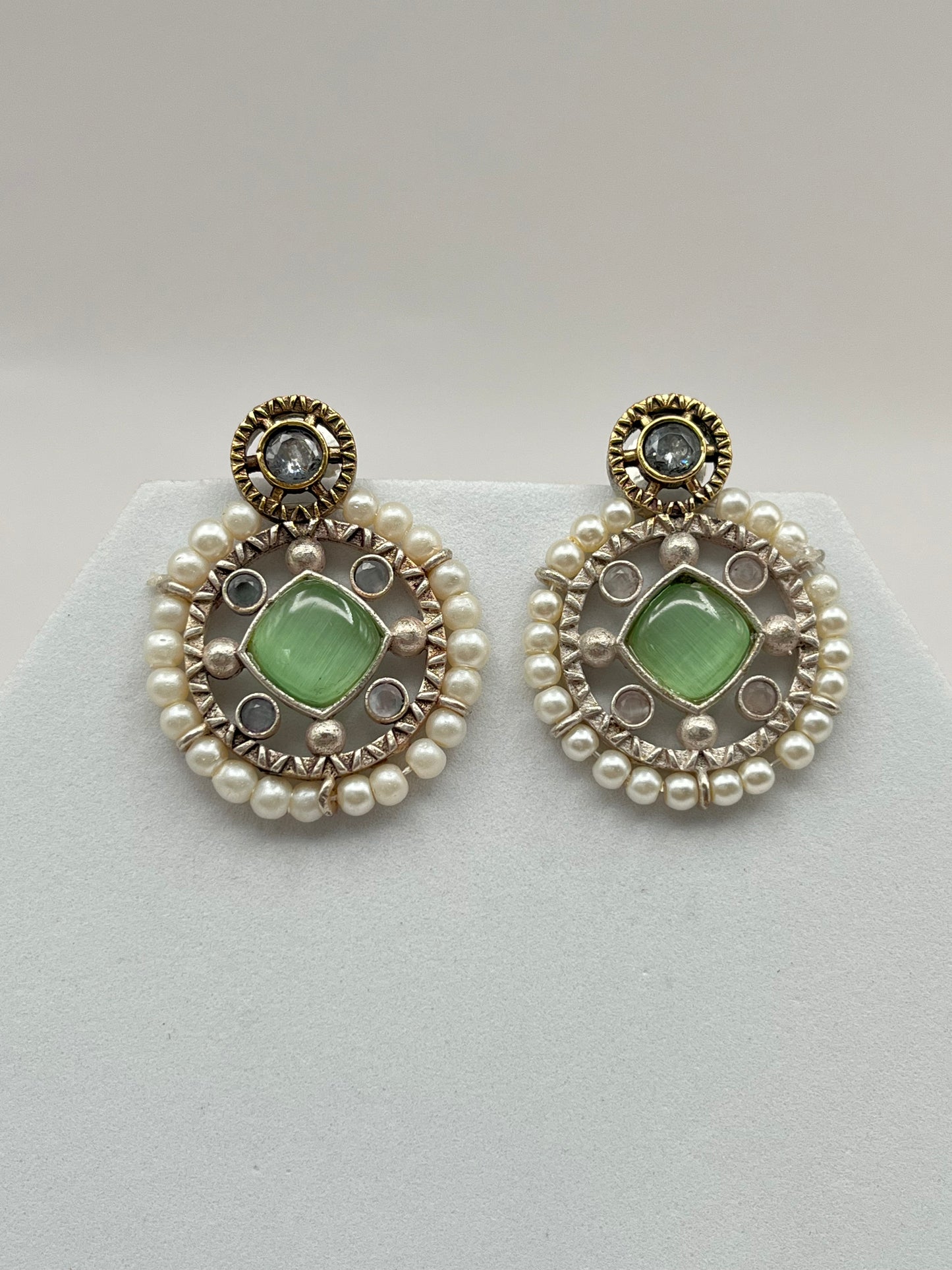 Nirvi Light Green Stone Pearl Earrings