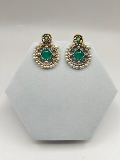 Nirvi Sea Green Stone Pearl Earrings