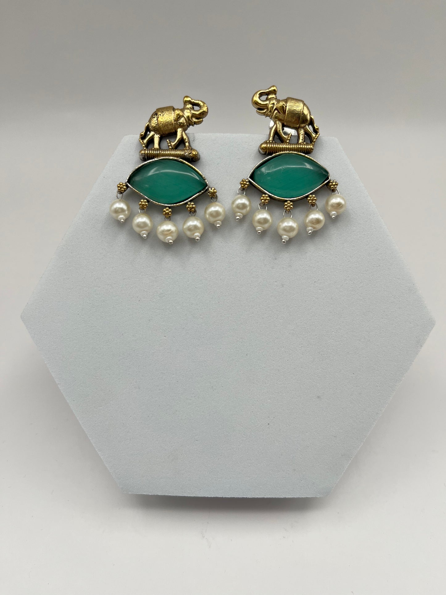 Sanika Sea Green Elephant Dual Tone Earrings