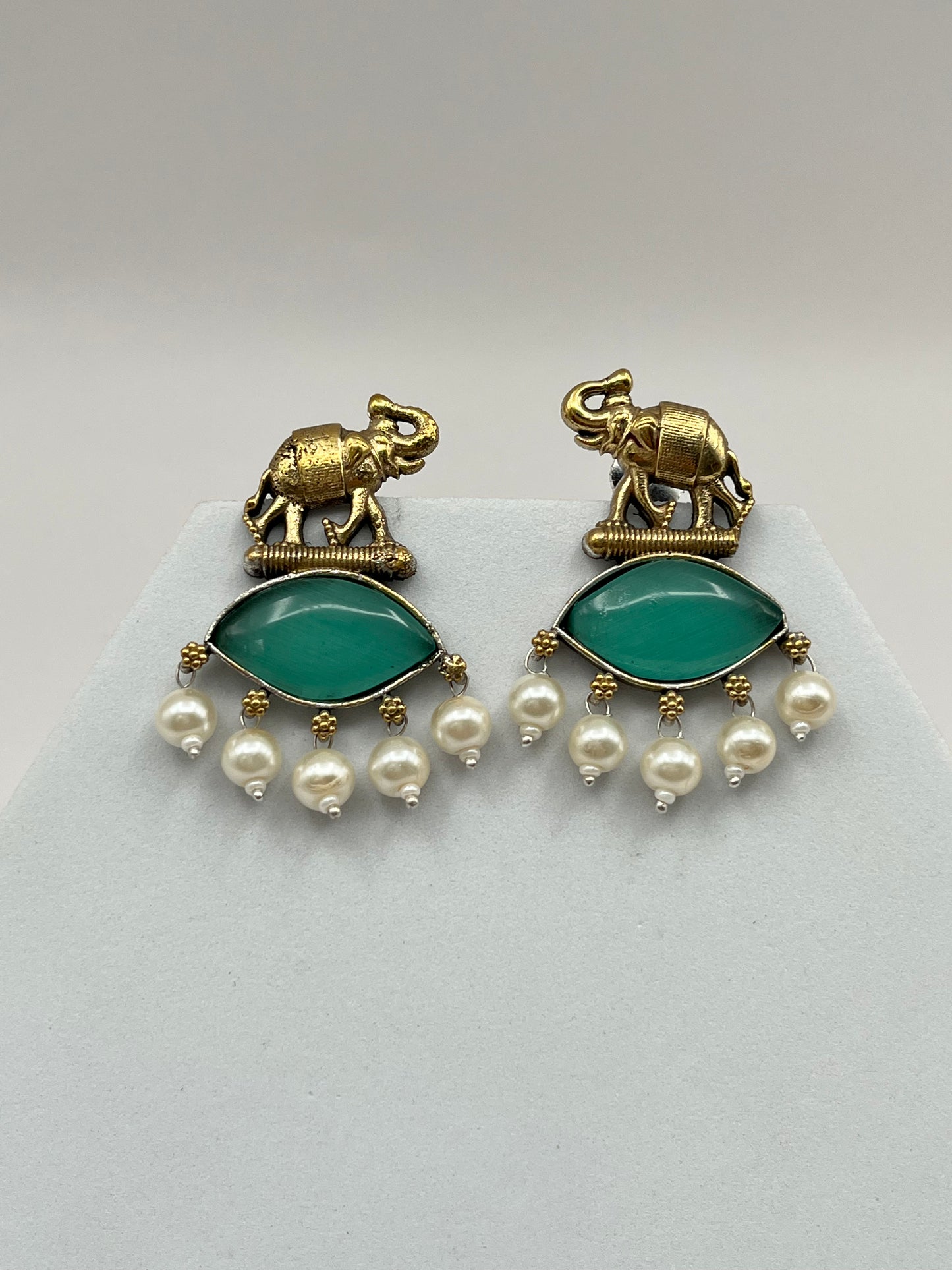 Sanika Sea Green Elephant Dual Tone Earrings