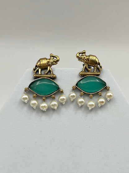 Sanika Sea Green Elephant Dual Tone Earrings