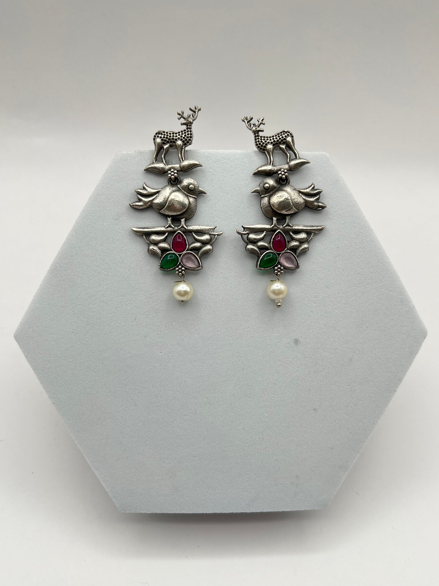 Pihu Pink Green Oxidized Earring