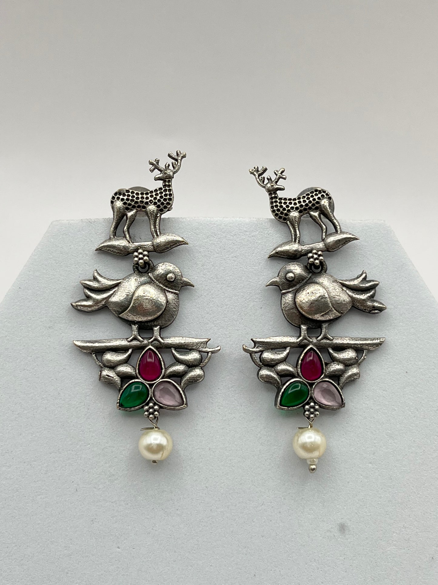 Pihu Pink Green Oxidized Earring