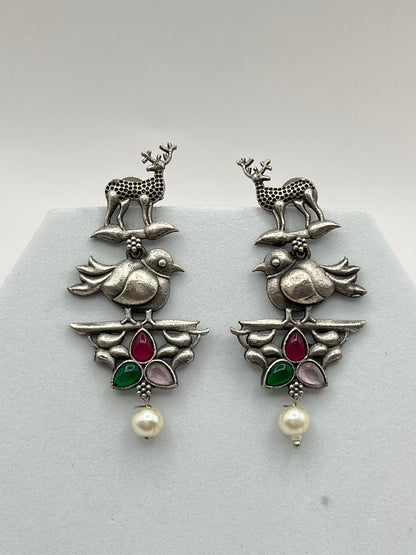 Pihu Pink Green Oxidized Earring