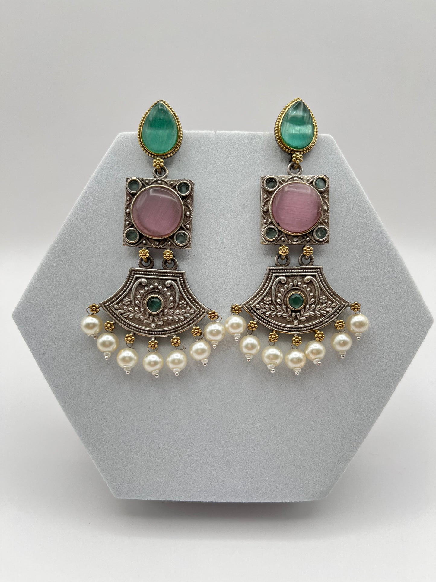 Shivani Pink & Sea Green dual tone long Earrings