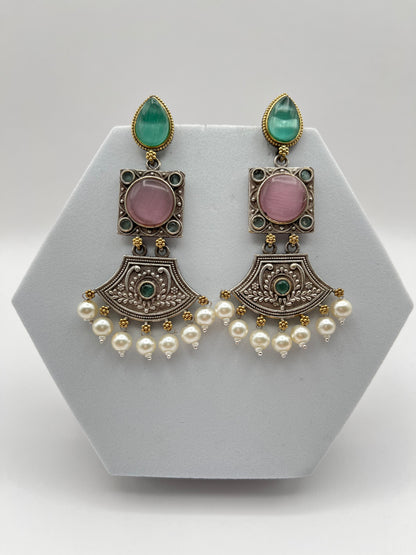 Shivani Pink & Sea Green dual tone long Earrings