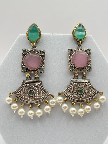 Shivani Pink & Sea Green dual tone long Earrings