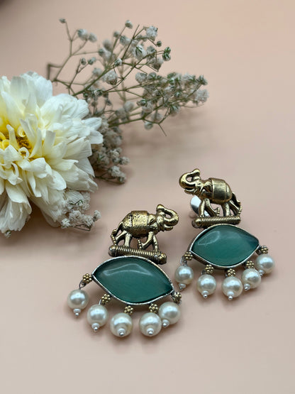 Sanika Sea Green Elephant Dual Tone Earrings
